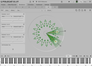 The Modulators tab: the Modulation Tap 8:1, 8:2 and 8:3 panels on the left, each with a close icon, and the Add Modulation Tap panel below them. The Clear: Attack, Release and Taps buttons sit at the left of the toolbar along the top, under the modulator tabs, with a trashcan at its right-hand end. The timing controls run along the bottom, with Sync off, above the on-screen keyboard.