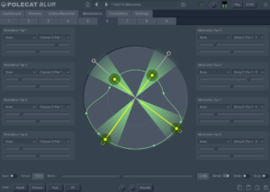 Polecat Blur modulator page showing the circular spatial field and eight modulation taps